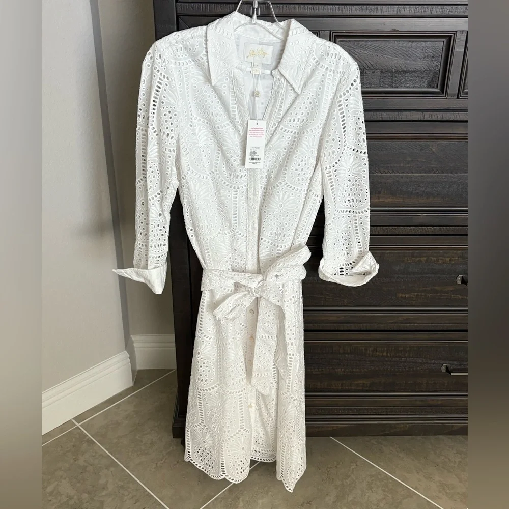 NWT Lilly Pulitzer White Eyelet Midi Shirt Dress Belted Long Sleeve SZ 4 - Picture 2 of 8